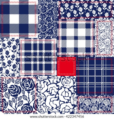 Blue, white and red patchwork. Bohemian style collage made from cotton flaps. Set of seamless vector patterns. Checkered fabrics, vintage roses, floral motifs. Retro textile collection.