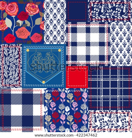 Blue, white and red patchwork. Bohemian style collage made from cotton flaps. Set of seamless vector patterns. Checkered fabrics, vintage roses, floral motifs, jeans pocket. Retro textile collection.