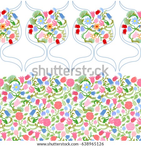 Rich damask pattern with spring bouquets. Seamless vector border with roses and tulips on white background.