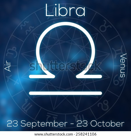 Zodiac sign - Libra. White line astrological symbol with caption, dates ...