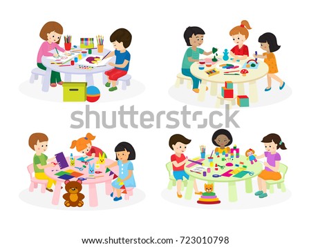 group of children painting on paper at table in kindergarten paint lesson kids characters club house - Pictures To Paint For Children group of children painting on paper at table in kindergarten paint lesson kids characters club house - Pictures To Paint For Children