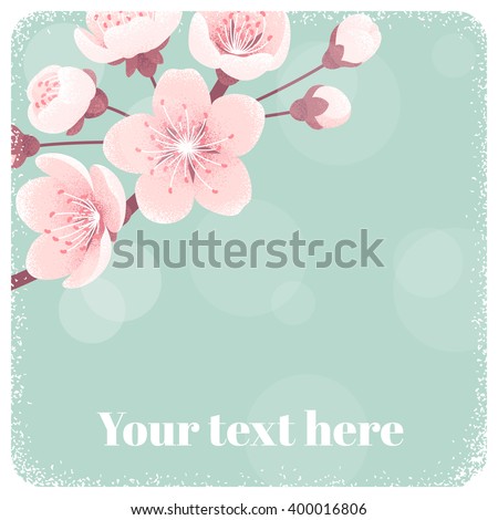 Cherry blossom template, spring flowers. Retro vector illustration. Place for your text. Design for invitation, banner, card, poster, flyer