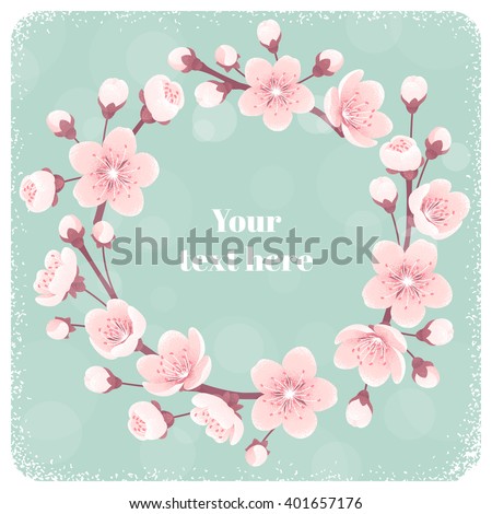 Cherry blossom circular wreath, spring flowers. Retro vector illustration. Place for your text. Design for invitation, banner, card, poster, flyer