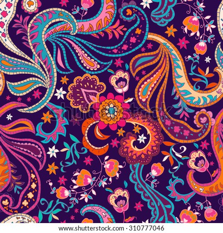 Seamless Paisley hand drawn background. Isolated colorful flowers and ...