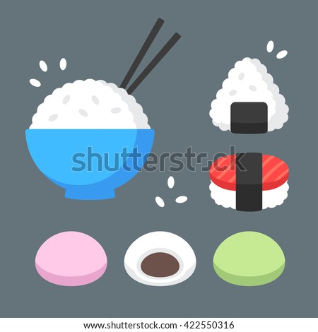 Japanese food rice dishes icon set. Bowl of rice with chopsticks, onigiri and sushi, mochi rice cakes with red bean paste filling. Flat cartoon vector icons.