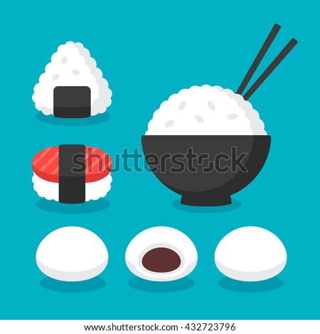 Japanese cuisine rice dishes icon set. Bowl of rice with chopsticks, onigiri and sushi, mochi rice cakes or dumplings. Flat cartoon vector icons.