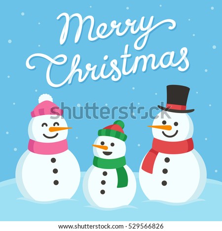 Cute Christmas greeting card. Cartoon snowman family (mom, dad and child) with text Merry Christmas.