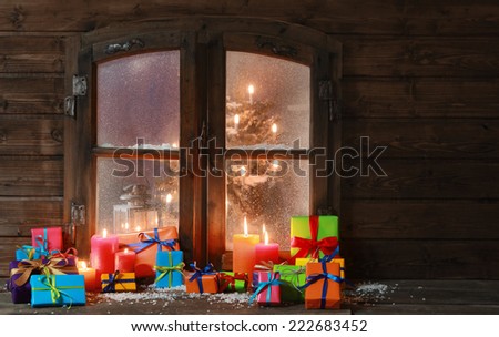 Festive Wooden Christmas Cabin Window Giftwrapped Stock Photo 222267895 ...
