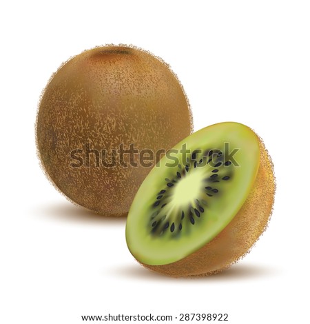 closeup kiwi and kiwi slices on a white background