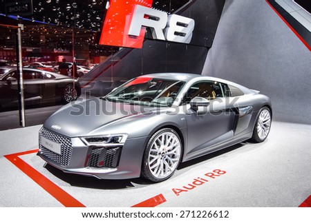 GENEVA - MARCH 3, 2015: Audi R8 sports car presented at the 85th Geneva International Motor Show in Palexpo. Power in this car comes from 5.2-liter V10 with 540 hp.