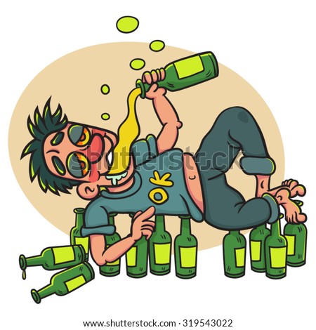 Cartoon Drunk Man Drinking Lying On Alcohol Bottles On The Floor ...
