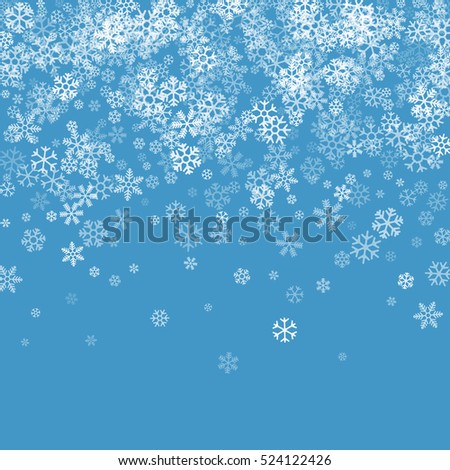 Abstract pattern of transparent falling snowflakes on blue background. Winter pattern for banner, greeting, Christmas and New Year card, invitation, postcard, paper packaging. Vector illustration