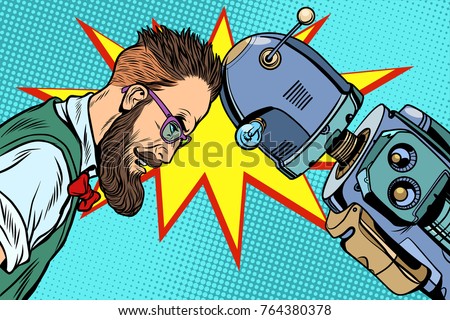 Robô vs humano, humanidade e tecnologia.  Ilustrações retrô vintage de arte pop
