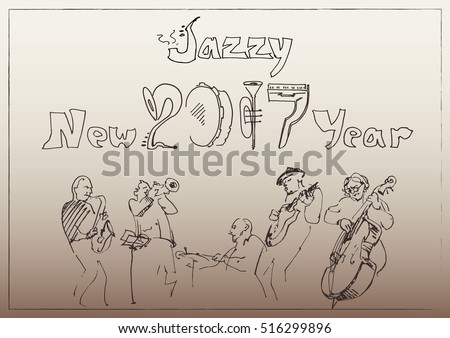 Happy New Year background stylized in doodles musical instruments with musicians. Jazz party conception.