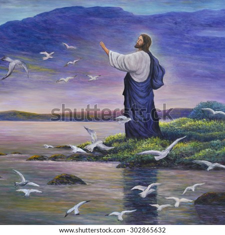 Jesus alimenta pássaros, pintura a óleo original sobre tela
