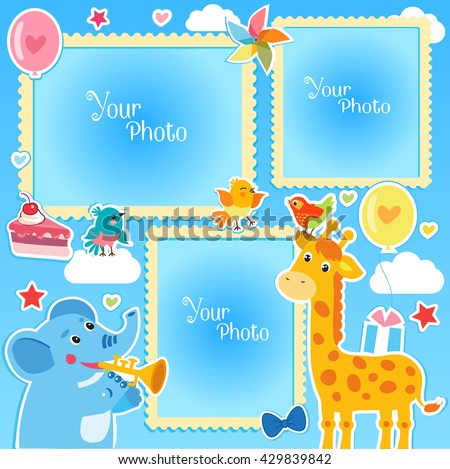 Birthday Photo Frames With Giraffe and Elephant. Decorative Vector Template For Baby, Family Or Memories. Birthday Children's Photo Framework.
