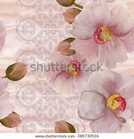 Watercolor painting seamless pattern with beautiful Melastomataceae blakea subconnata flower and bud on vintage lace background.