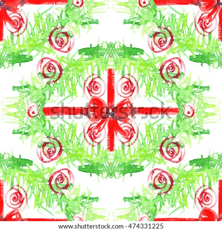 Seamless Pattern With Bright Green Christmas Tree Branches Red Bows And Abstract Swirls Painted In Seamless Pattern With Bright Green Christmas Tree Branches Red Bows And Abstract Swirls Painted In