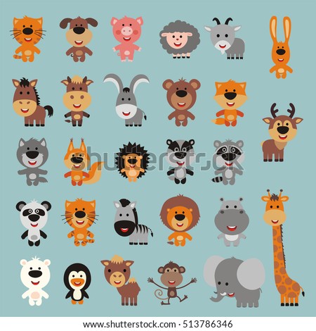 Big set isolated animals. Vector collection funny animals. Cute animals: forest, asia, africa, farm, domestic, polar in cartoon style.