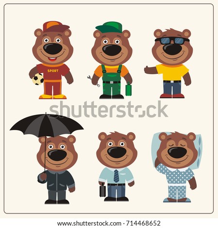 Set funny Teddy Bear in different clothing: sportsman, worker, manager, summer, autumn, sleepwear. Collection isolated Teddy Bears in clothing in cartoon style.