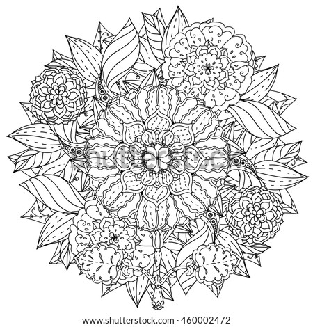 Contoured Mandala Shape Flowers For Adult Coloring Book In Zen Art Therapy Style Anti Stress