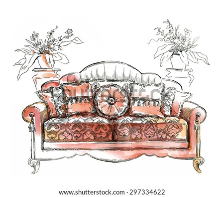 Cozy Interior Draw Sofa Ornate Decor Utotraced Vector Sketch Color Cozy Interior Draw Sofa Ornate Decor Utotraced Vector Sketch Color