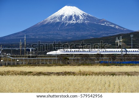 Tokaido Shinkansen and Fuji mountain with rice field