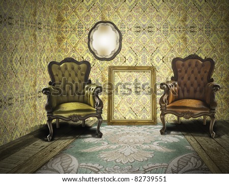 Vintage room wallpaper old fashioned armchair stock foto 84492802 ...