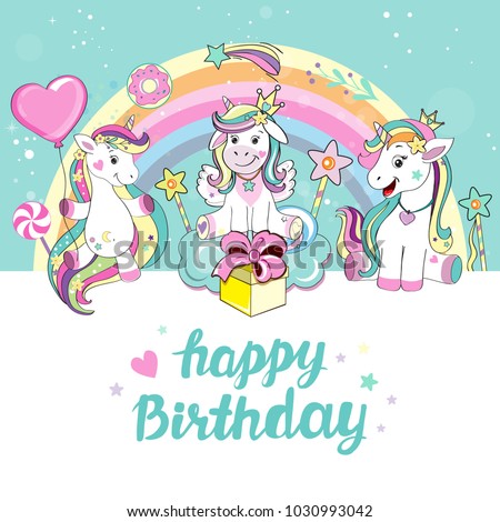 Beautiful Unicorn Happy Birthday Card Stock Vector (Royalty Free