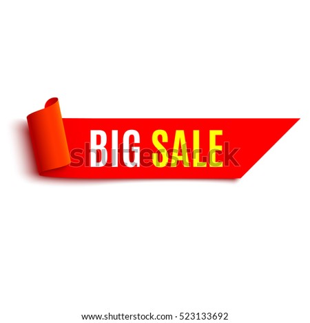Sale banner. Red realistic ribbon. Paper scroll. Vector illustration.
