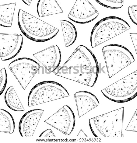 Watermelon slice vector seamless pattern. Isolated hand drawn berry background. Summer fruit engraved style illustration. Detailed vegetarian food.