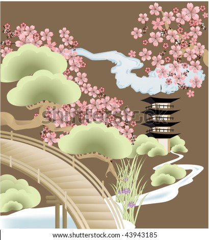 Japanese composition with pagoda and sakura
