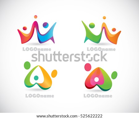 Logo Happy People. Fun.Three persons.Dancing people.Hold hands.Teamwork.Community.Set of Vector Icons.Leader.Family