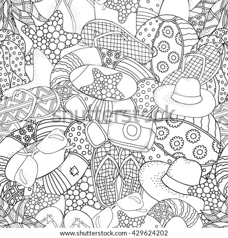 Seamless Pattern With Hand Drawn Set Of Summer Doodles Elements Starfish Lifebuoy Sunglasses