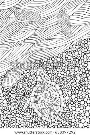 Coloring Book Page For Adult And Children Turtle Crawls To The Water Sea Waves