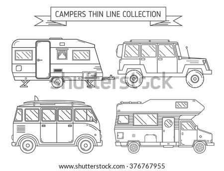 RV Travel Concept Set Camping Trailer Family Caravan Collection Traveler Truck Campsite Place Landscape RV Travel Concept Set Camping Trailer Family Caravan Collection Traveler Truck Campsite Place Landscape