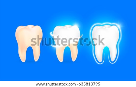 Set of  clean and dirty tooth on blue background, clearing tooth process. Teeth Whitening. Dental health Concept. Oral Care, teeth restoration. Yellow and white teeth.