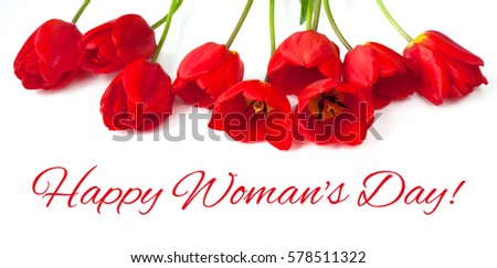 Beautiful greeting Card with text Happy Women's Day for International Women's Day, March 8. Red Tulips Flowers lie on white background. Wide Horizontal Image