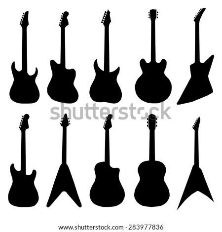 big set of acoustic guitars and electric guitars.