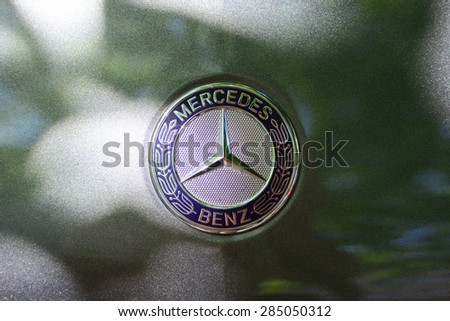 Subotica, Serbia - Jun 7, 2015: Photo shoot of Mercedes B200, close up shot of a Mercedes Benz Sign Star.