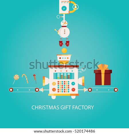 Modern vector illustration of Christmas gift factory. Industry of Happy New Year