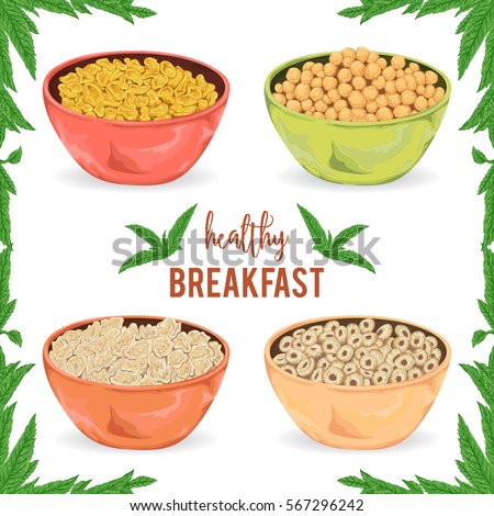 Collection of cereal porridge, granola, flakes and rings in bowl with mint leaves on white background. Healthy breakfast. Isolated elements. Hand drawn vector illustration