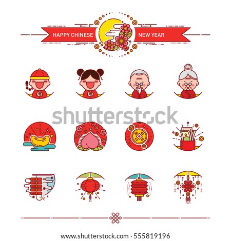 Vector Illustration of Happy Chinese New Year Icons Set. Modern Linear Style.
