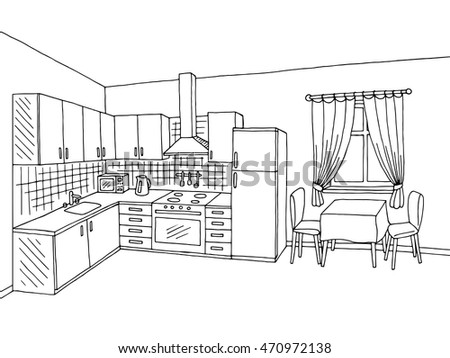 Kitchen Room Interior Black White Graphic Stock Vector 470972138 ...