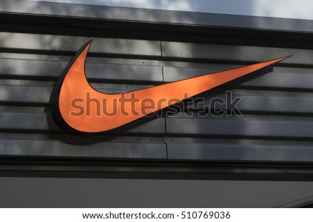 Berlin, Germany - April 26, 2016: Nike brand logo. Nike is a global sports clothes and running shoes retailer. Nike stores are located all over the world