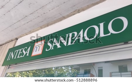 Rome, Italy - October 5, 2016: Intesa Sanpaolo bank. Banca Intesa S.p.A. was an Italian bank formed in 1998 from the merger of Cassa di Risparmio delle Provincie Lombarde and Banco Ambrosiano Veneto