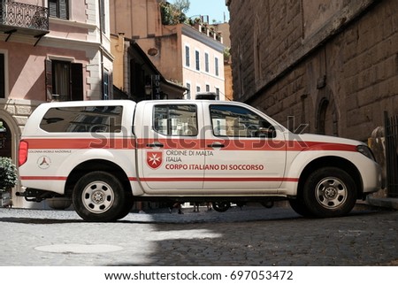 Rome, Italy - August 14, 2017: car of Corpo italiano di soccorso dell'Ordine di Malta - CISOM, side view