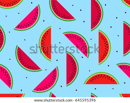 Seamless pattern with watermelons. Slices of watermelon with seeds. Vector illustration