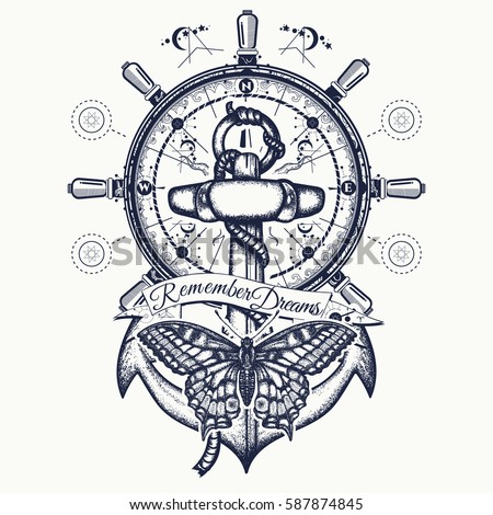 Anchor Steering Wheel Butterfly Tattoo Art Stock Vector ...