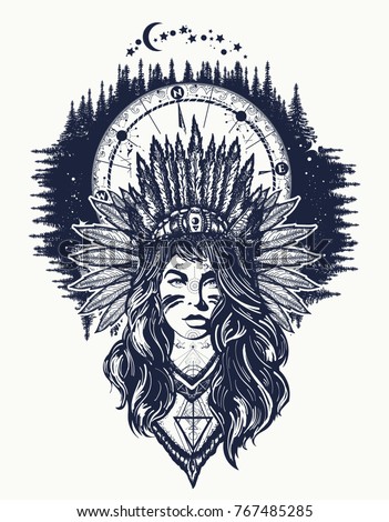 stock vector native american woman and compass tattoo art ethnic girl warrior and night forest t shirt design 767485285